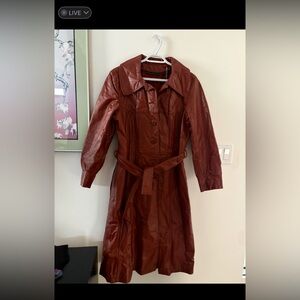 Chestnut brown long leather trench coat